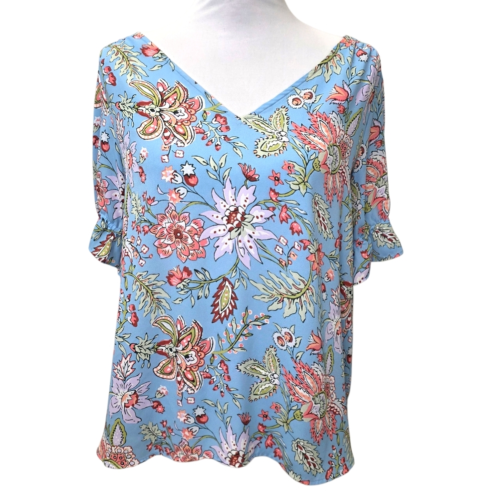 LOFT Floral V-Neck Blouse - Blue and Pink Women's Size Medium